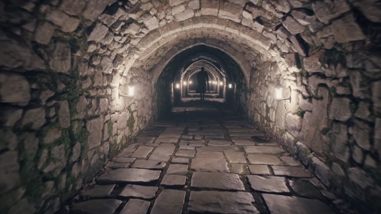 Mysterious person walking alone in a dark tunnel made of stone and illuminated by small lights on the ground, creating a mysterious atmosphere