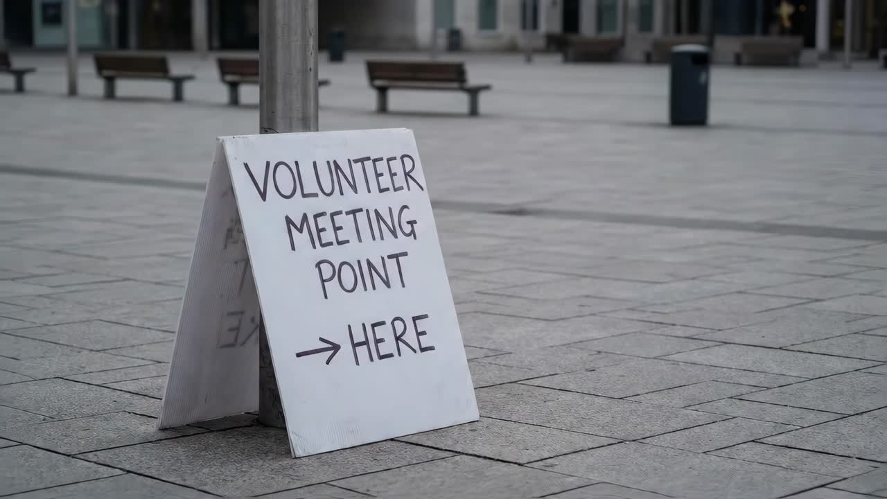 Cartello del punto di ritrovo dei volontari in una piazza pubblica vuota