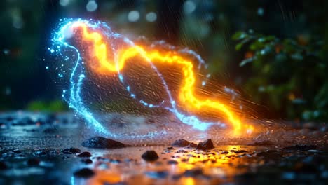 electric sparks dance above wet ground in a vibrant forest setting