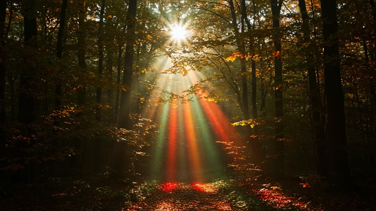 A Serene Forest Scene Illuminated by Rays of Light Creating a Stunning Display of Colors on the Ground Amidst Autumn Leaves and Tall Trees