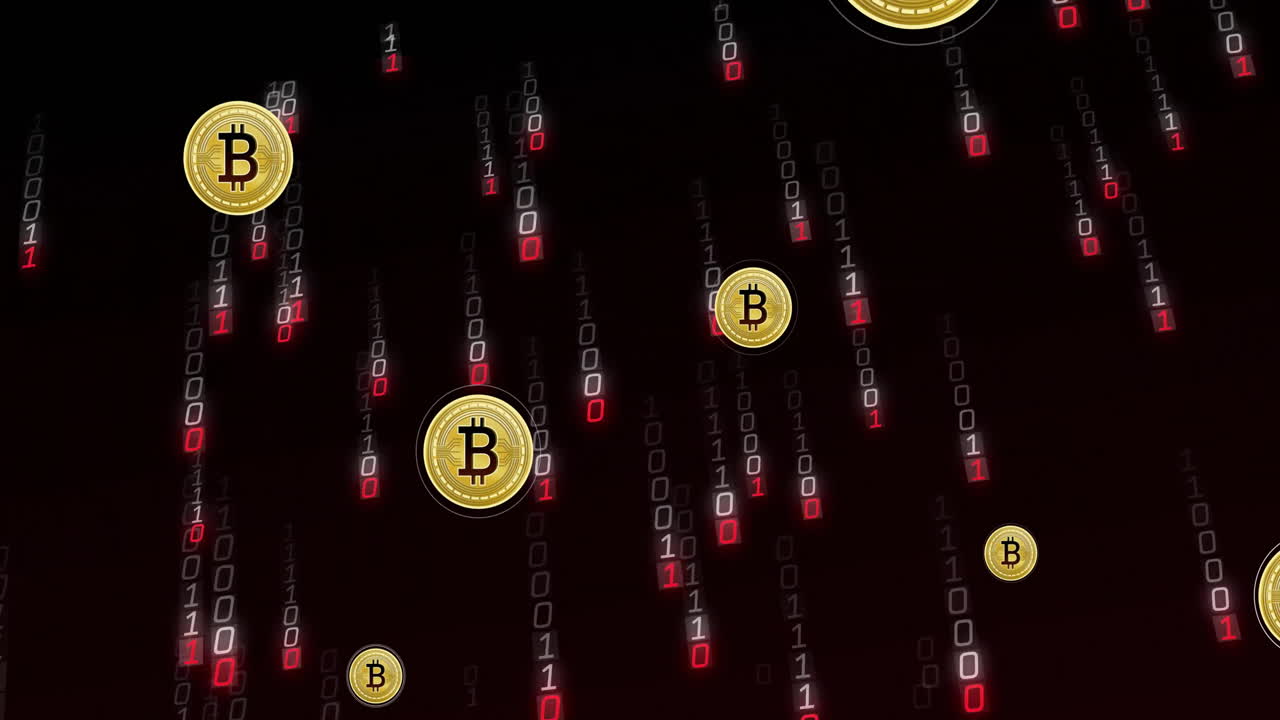 Bitcoin symbols and binary code animation over dark background