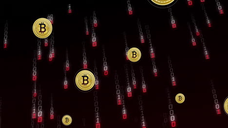 símbolos de bitcoin y animación de código binario sobre un fondo oscuro