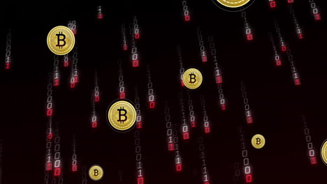 bitcoin symbols and binary code animation over dark background