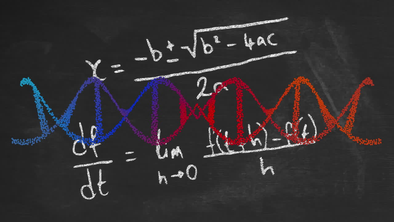animación de la cadena de adn, fórmulas matemáticas y procesamiento de datos sobre un fondo oscuro