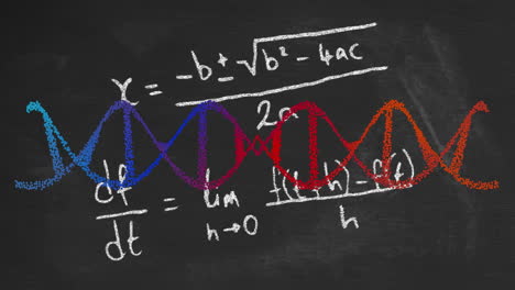 animation of dna strand, mathematical formulae and data processing over dark background