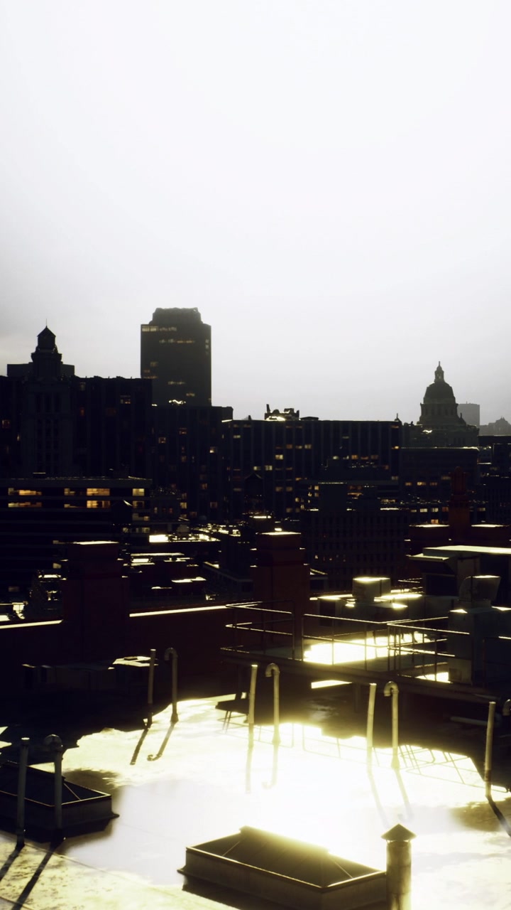 Vista del horizonte de la ciudad al atardecer con edificios y reflejos