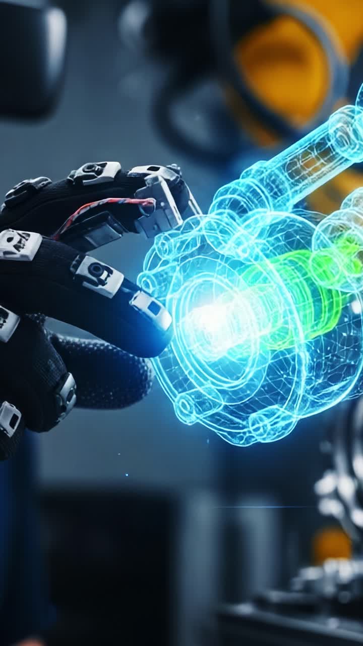 Futuristisk robot-hånd manipulerer holografisk teknologi i industrielle omgivelser og fremviser avanceret ingeniørarbejde og innovation inden for automatisering og robotteknologi