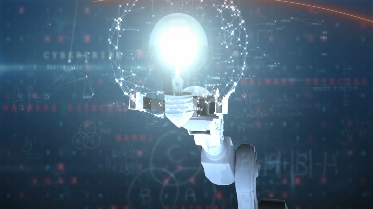 Animation of robot's hand holding lit light bulb over data processing