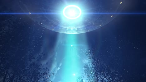 high quality, realistic cgi animation of an alien abduction, with unconcious man floating up a blue beam of light towards a huge rotating flying saucer, spaceship