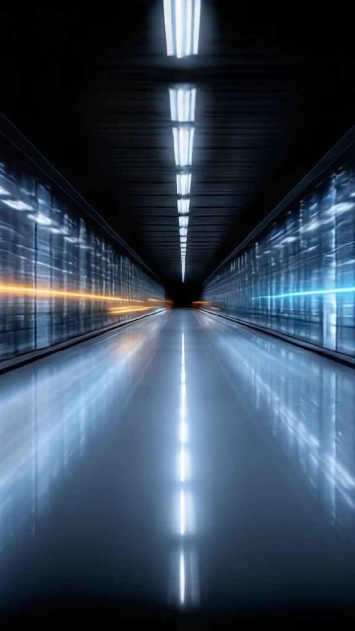 Un viaggio visivo astratto attraverso un corridoio moderno, che mostra illuminazione futuristica, movimento aerodinamico e riflessi dinamici, enfatizzando velocità e movimento in un ambiente ad alta tecnologia