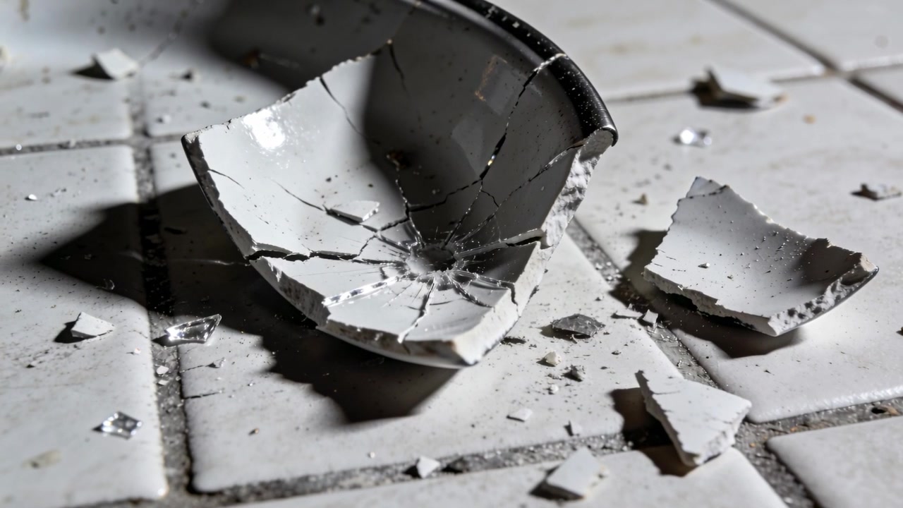 Recording camera capturing ceramic shards on tile floor after impact, revealing radial crack