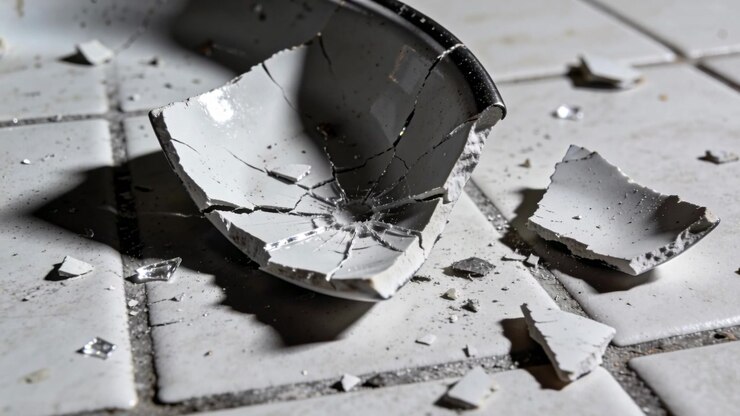 Recording camera capturing ceramic shards on tile floor after impact, revealing radial crack
