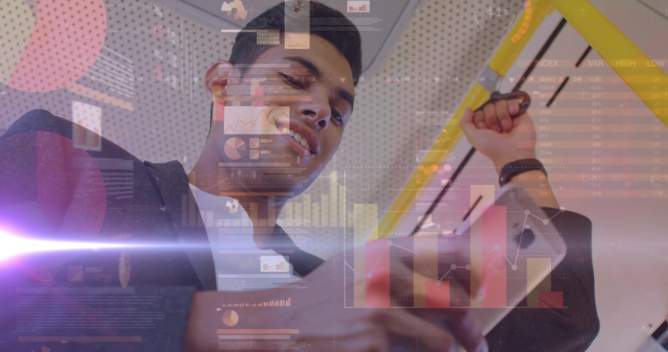 Animation of graphs and data over man using smartphone in bus