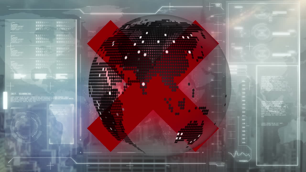 animación del globo girando sobre la interfaz con procesamiento de datos y rojo x