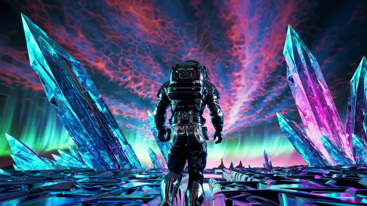 Astronaut utforsker et krystallfylt fremmed landskap