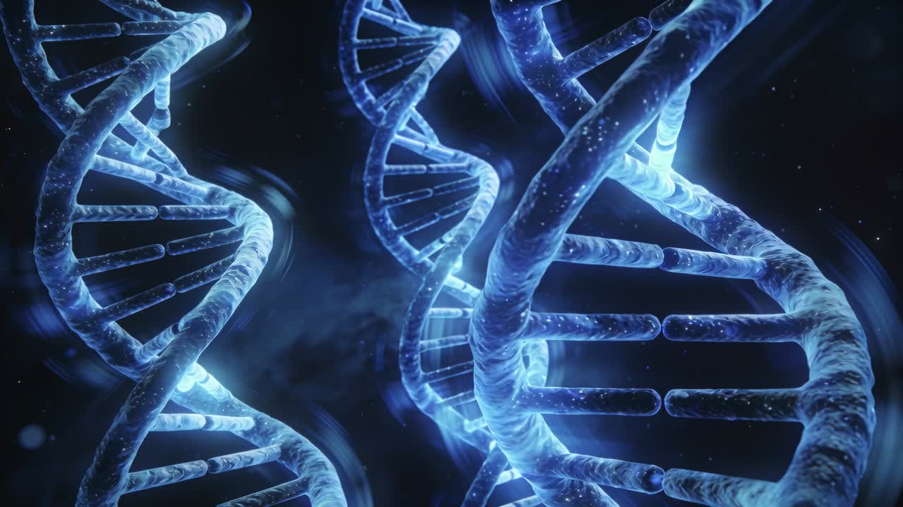 Telecamera in movimento che avvicina 3 eliche di DNA luminose nello spazio molecolare, rivelando i pioli.