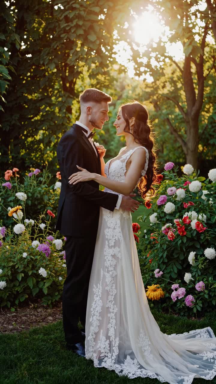 Una scena video romantica di una coppia in abiti formali che si tiene per mano in un giardino al tramonto