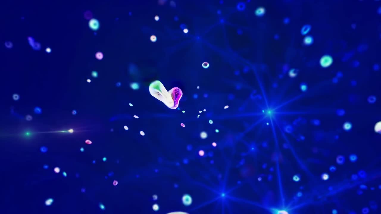 Abstract video concept with a microscopic view of colorful particles floating in a deep blue space