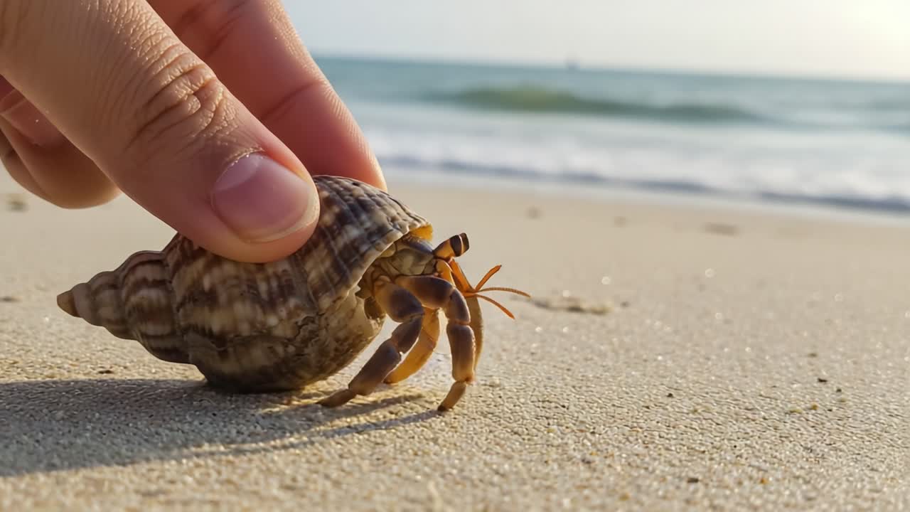 A Curious Hermit Crab on the Beach: Capturing the Intricacies of Nature's Creatures in a Serene Coastal Setting
