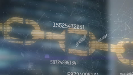 animation of financial data processing and chain over office building