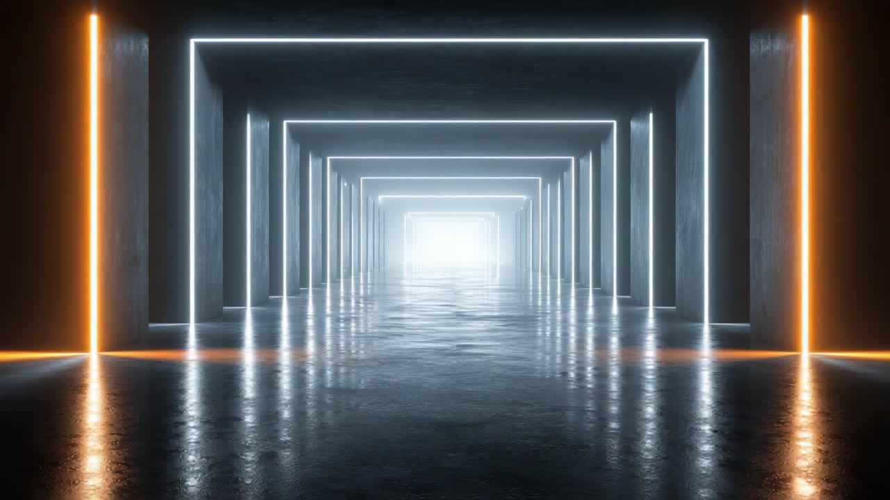 En imponerende korridor oplyst af neonlys, der fører til et lyshav; et majestætisk perspektiv på moderne arkitektur og design i futuristiske omgivelser.