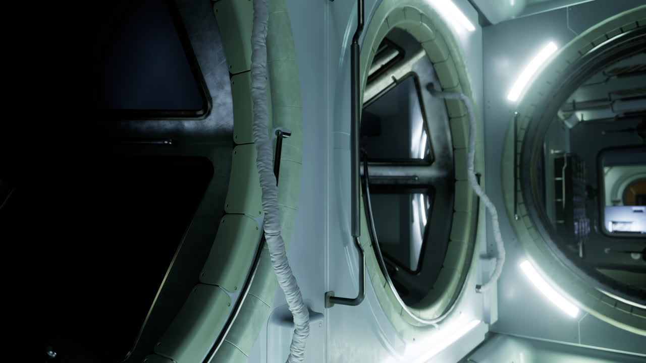 Interior corridor of a futuristic spacecraft with bright lighting