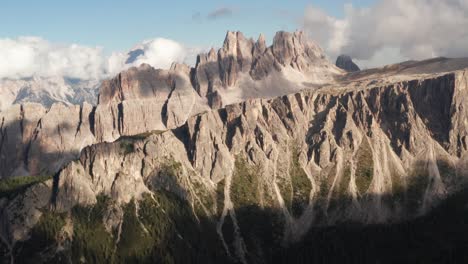 Aerial-shot-of-majestic-Croda-da-Lago-mountain-with-sun-shining