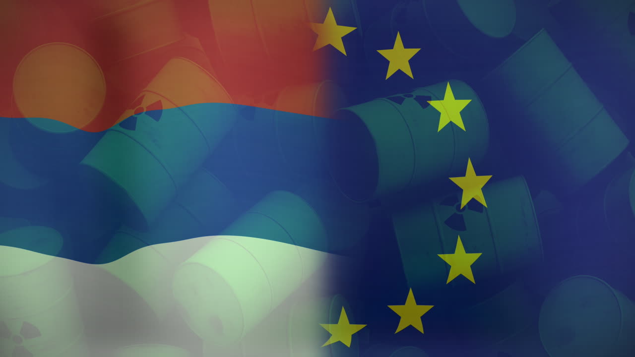 핵 배럴 위에 eu와 네덜란드의  ⁇ 발의 애니메이션