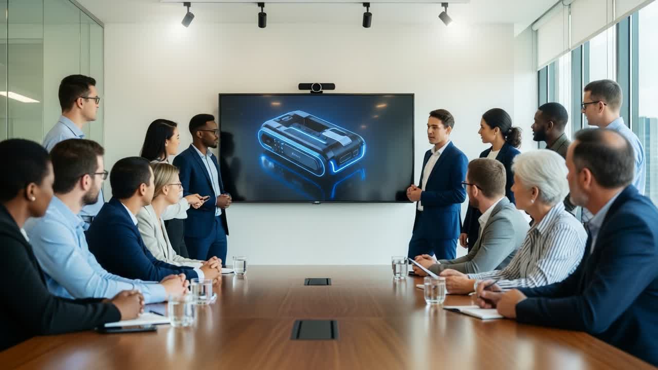A Business Meeting Focused on Innovation: A Group of Professionals Engaged in a Collaborative Presentation about an Advanced Technology Product in a Modern Conference Room Setting