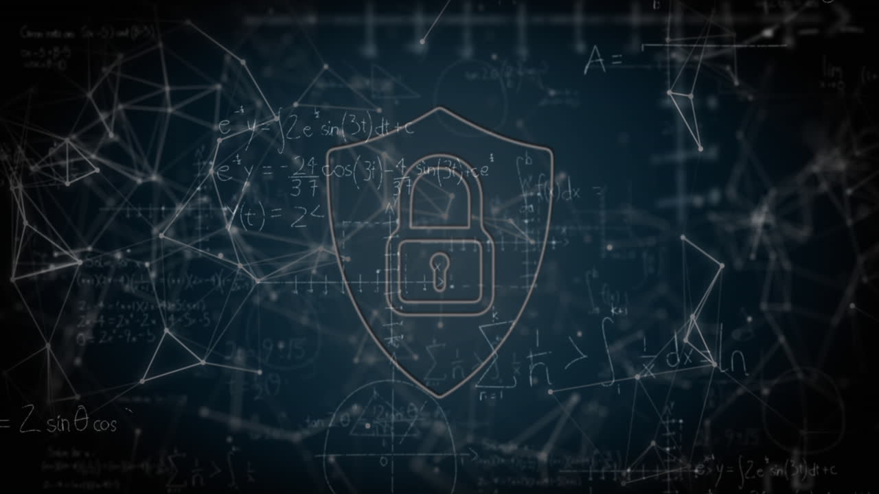 icono de candado de seguridad y red de conexiones contra ecuaciones matemáticas