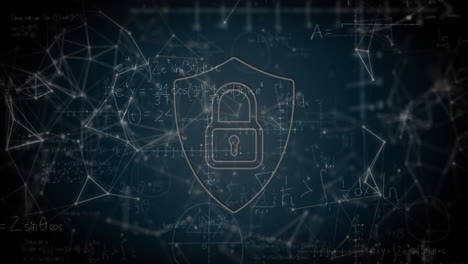 icono de candado de seguridad y red de conexiones contra ecuaciones matemáticas