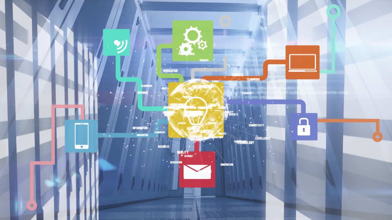 데이터 프로세싱의 애니메이션과 서버  ⁇  위에 아이콘이 있는 글로브