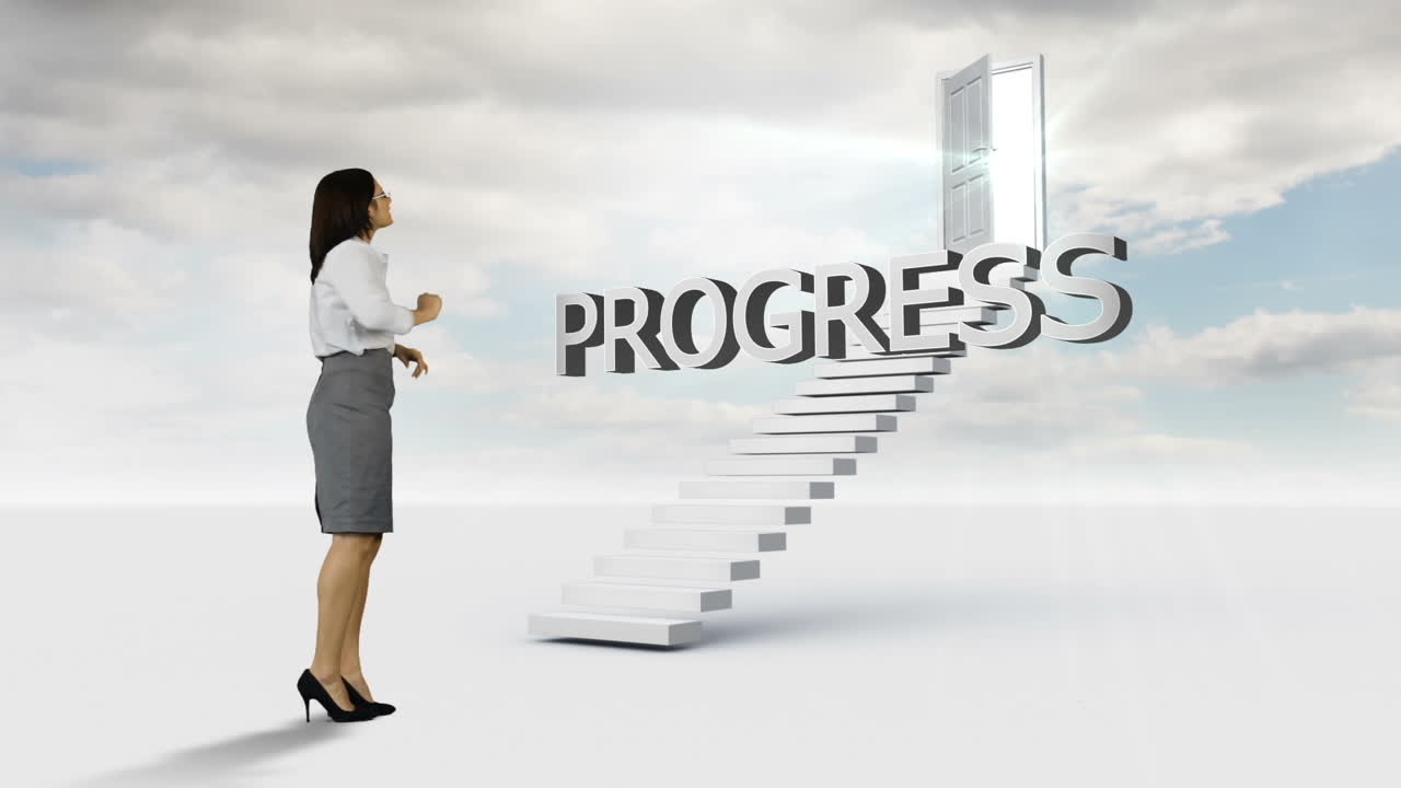 계단에 놓인 단어를 보는 사업가