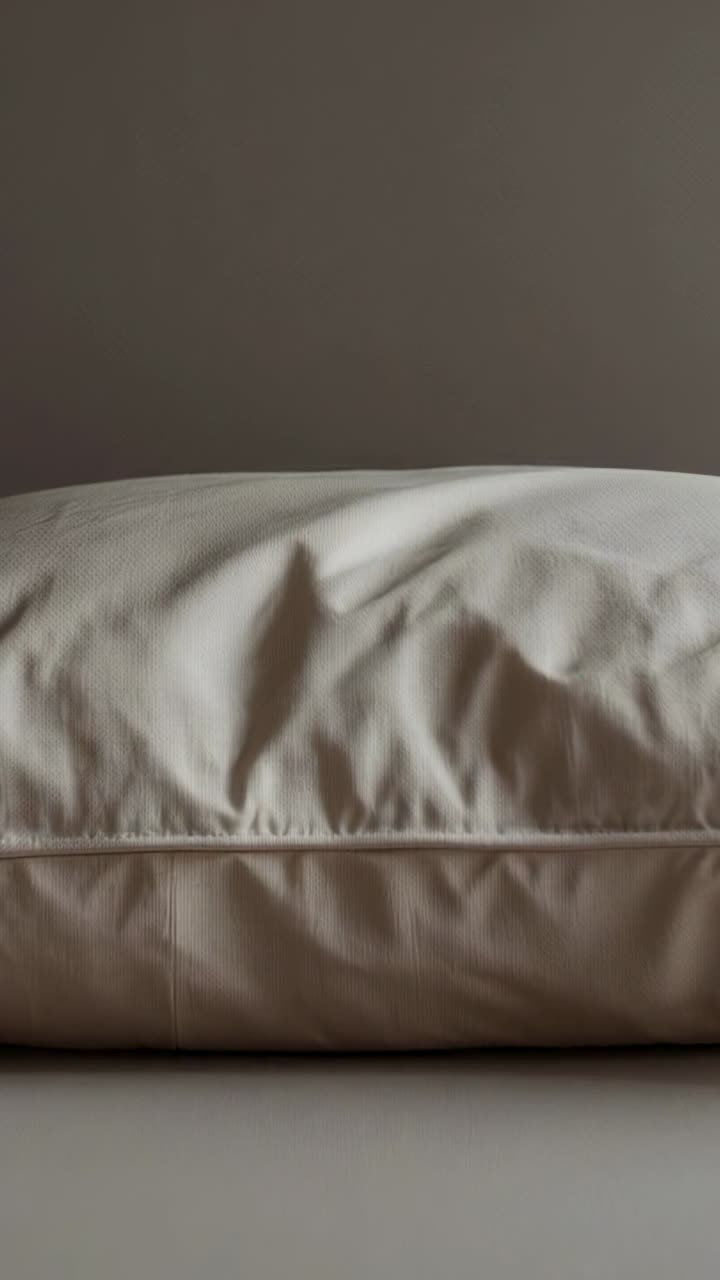 Mostra un cuscino beige che si sposta e poi si distende sul sedile del divano dopo la compressione, rivelando le pieghe delle cuciture.