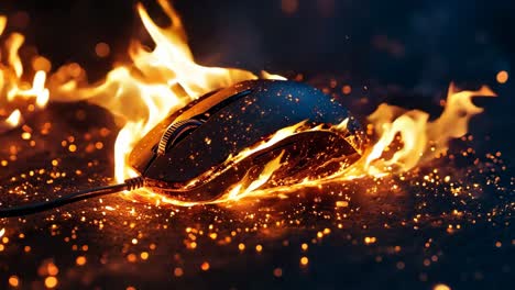 a computer mouse on fire on a black surface