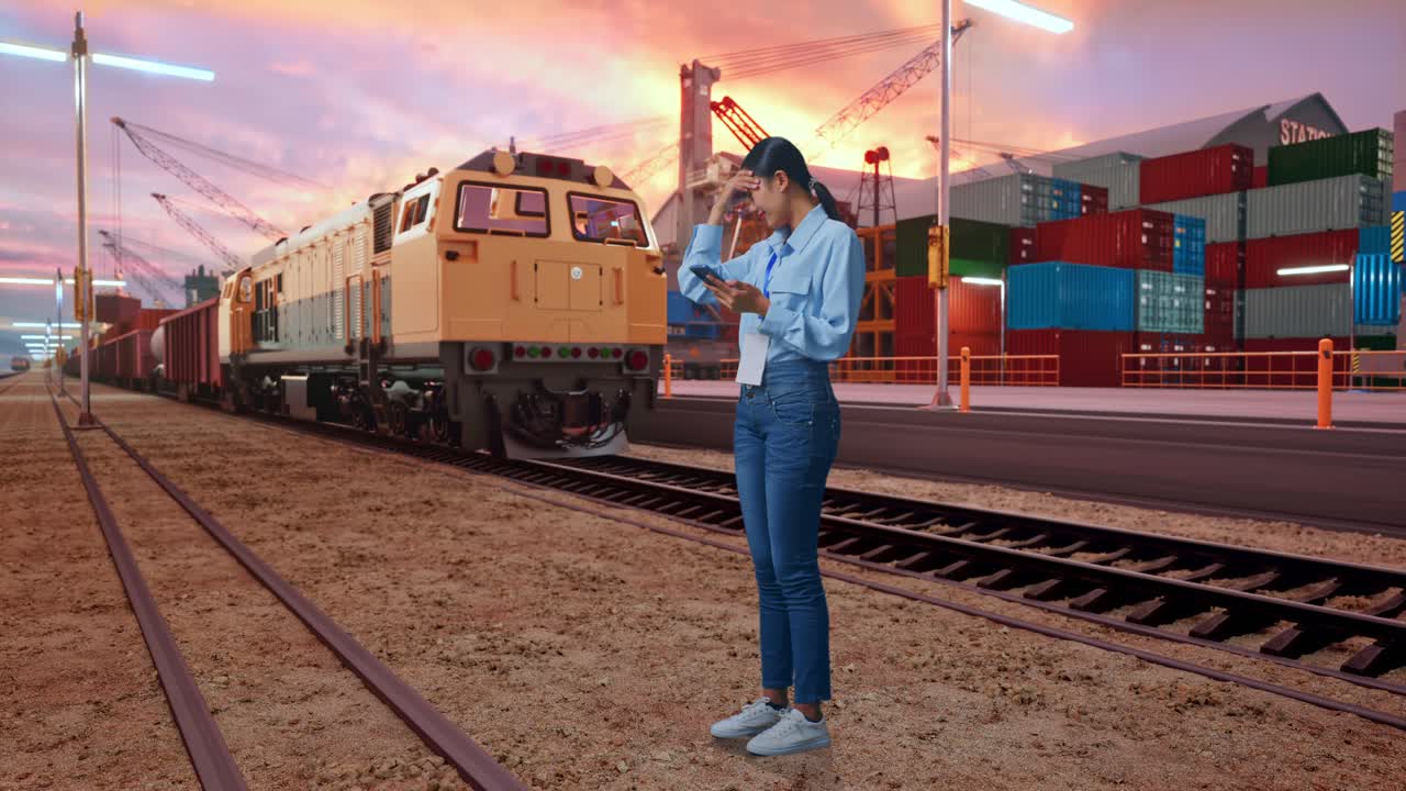 Full Body Side View Of Asian Female With Her Phone With Freight Cargo Train At Port, She Is Nodding Her Shead With Dissapionted