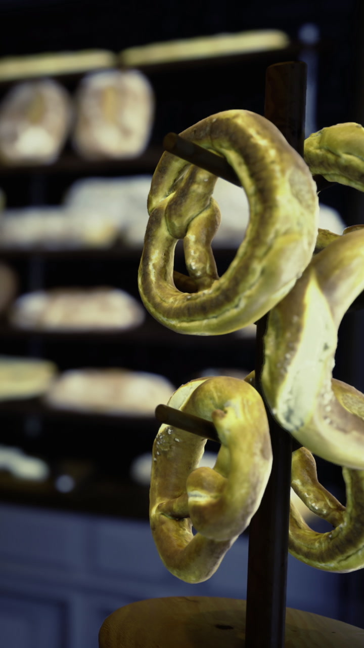 Freshly baked pretzels on display in a bakery shop during daylight hours