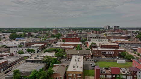 memphis tennessee aerial v45 low flyover south main historic arts district capturing cityscape of warehouse converted shops, restaurants and pubs in daytime - shot with mavic 3 cine - may 2022