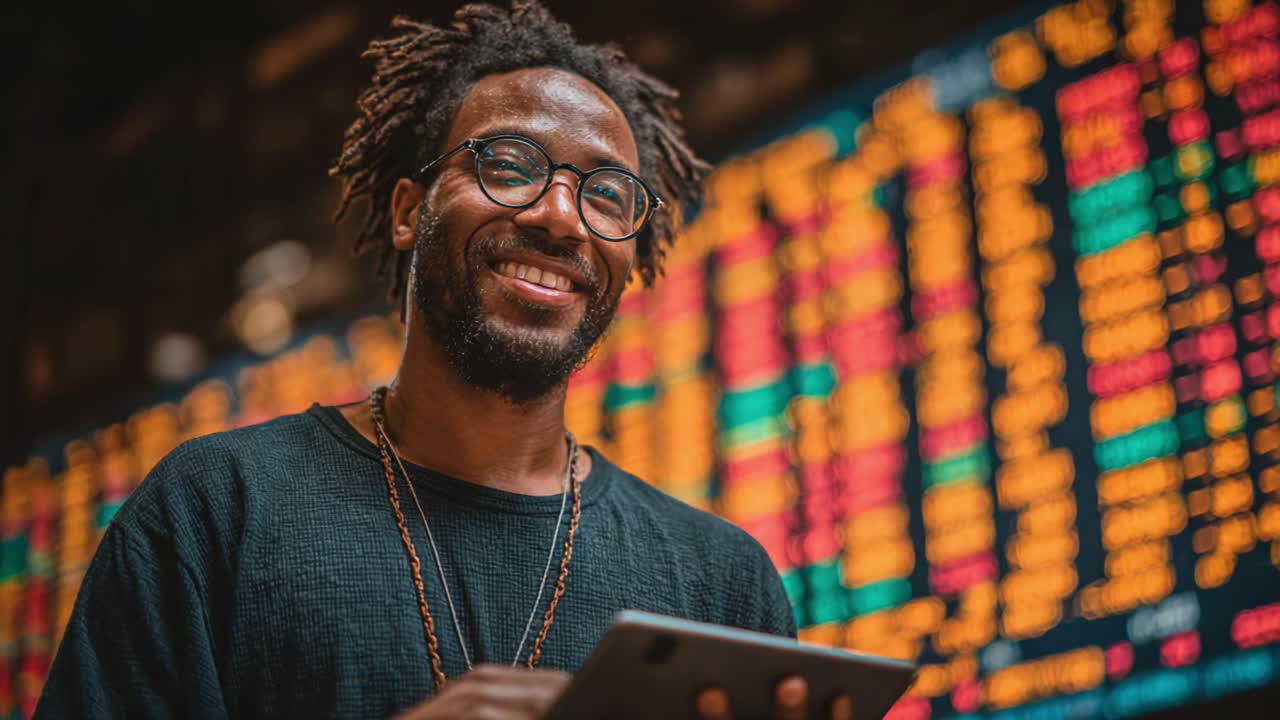A confident individual engaging with digital tools in a vibrant stock market environment, showcasing financial insights and modern technology amidst dynamic market data