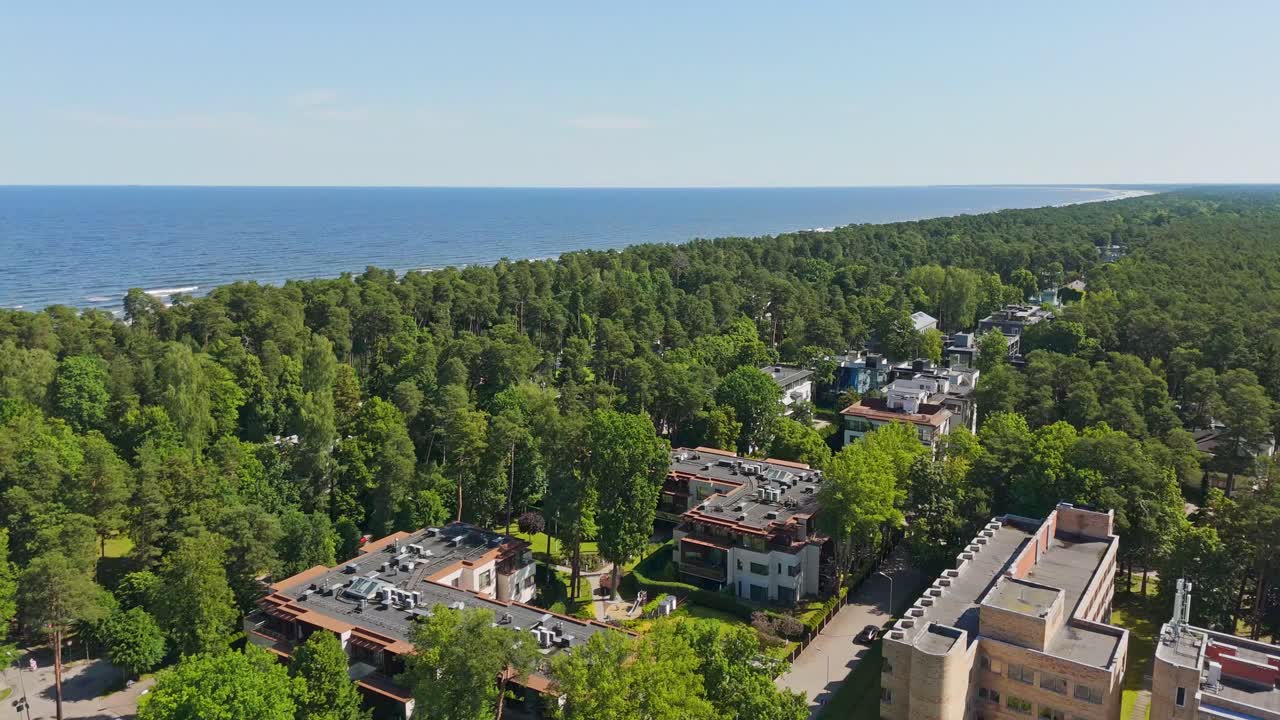 Aerial view of Jurmala beach, Latvia with Baltic Sea and lush greenery