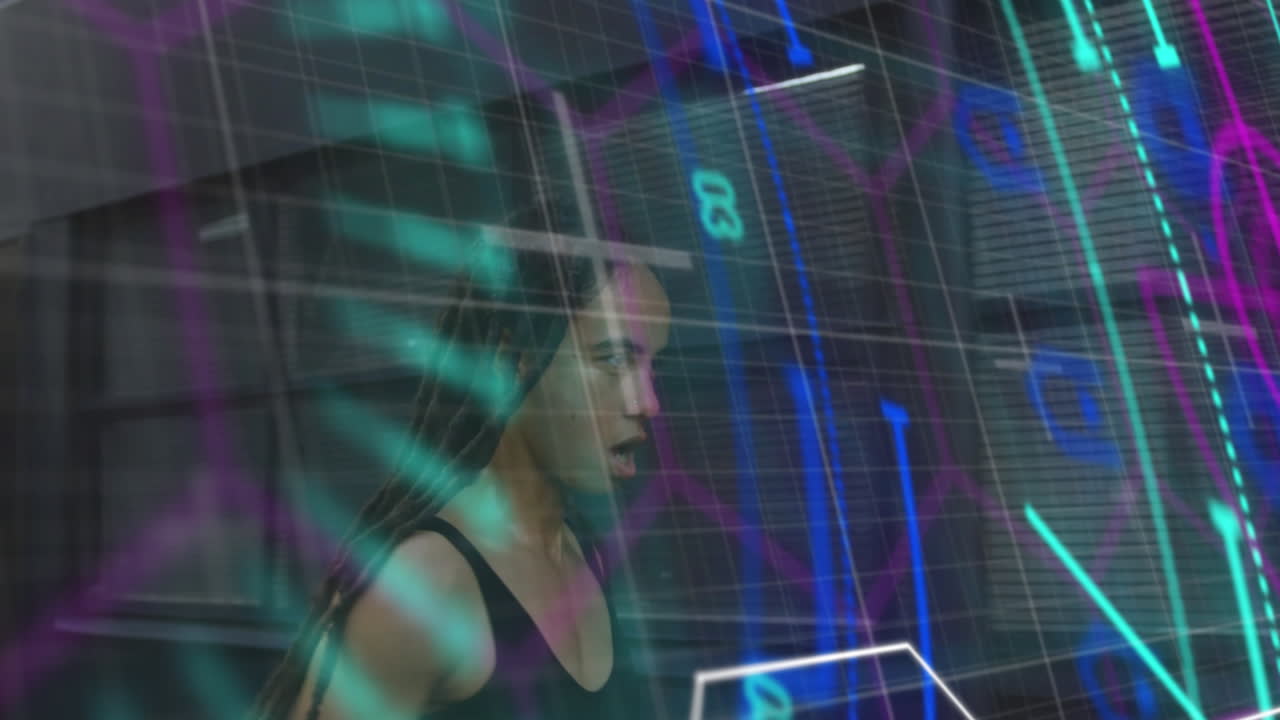 animación de la interfaz de procesamiento de datos sobre una atleta con rastas corriendo