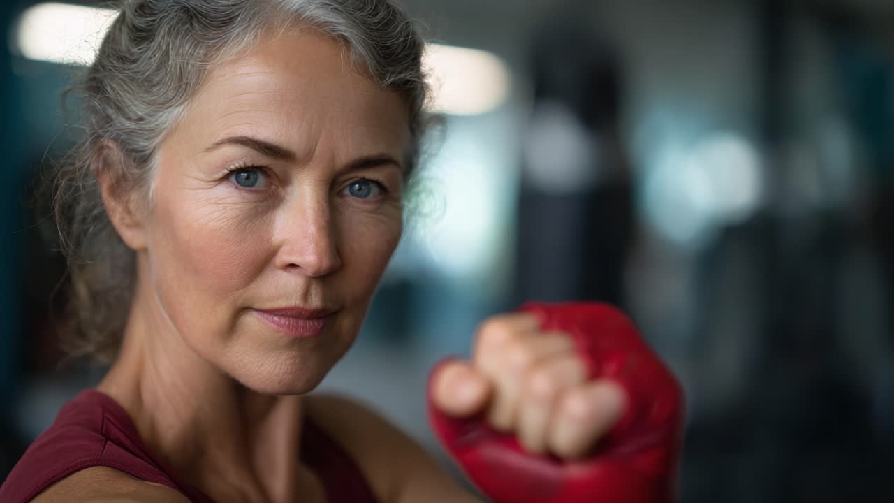 Mujer decidida con guantes de boxeo preparándose para la acción en un gimnasio moderno, donde la fuerza y el empoderamiento se manifiestan en su postura segura.