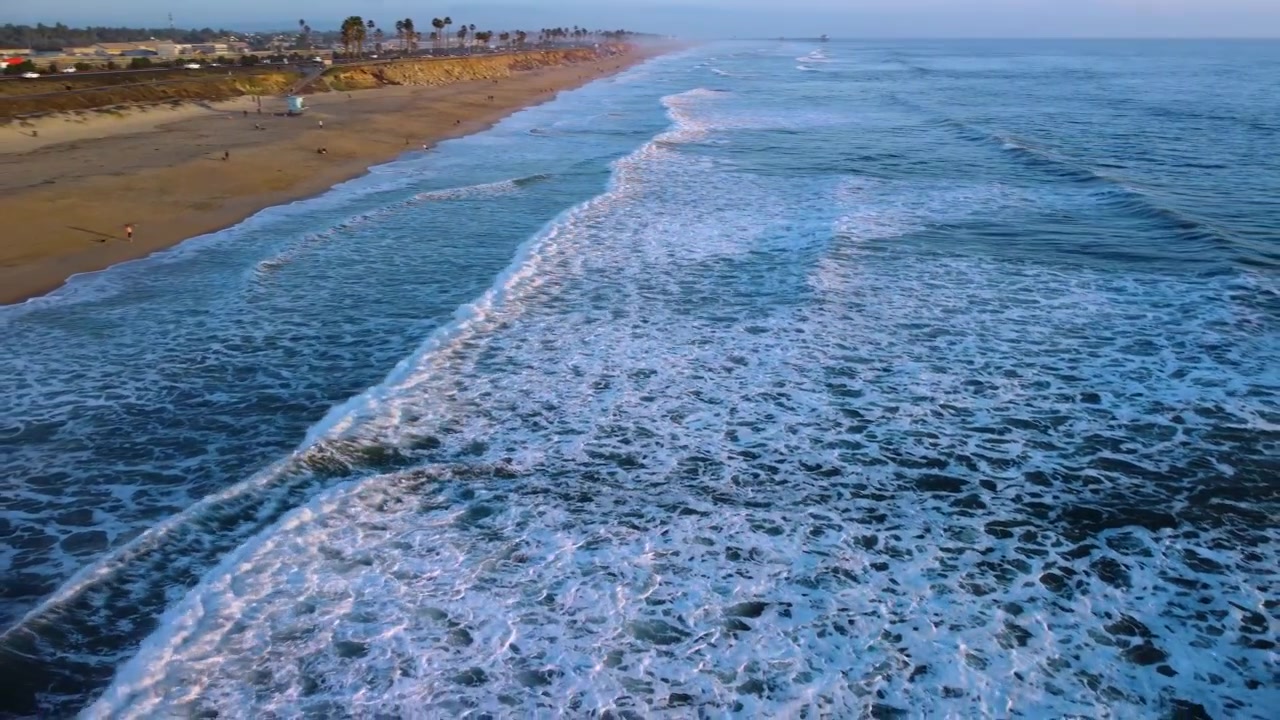 Passeio de carro pela Rodovia Pacific Coast 1. Carros passando por palmeiras tropicais ao pôr do sol. Luz quente da hora dourada e ondas calmas do oceano. Huntington Beach, Condado de Orange, Califórnia