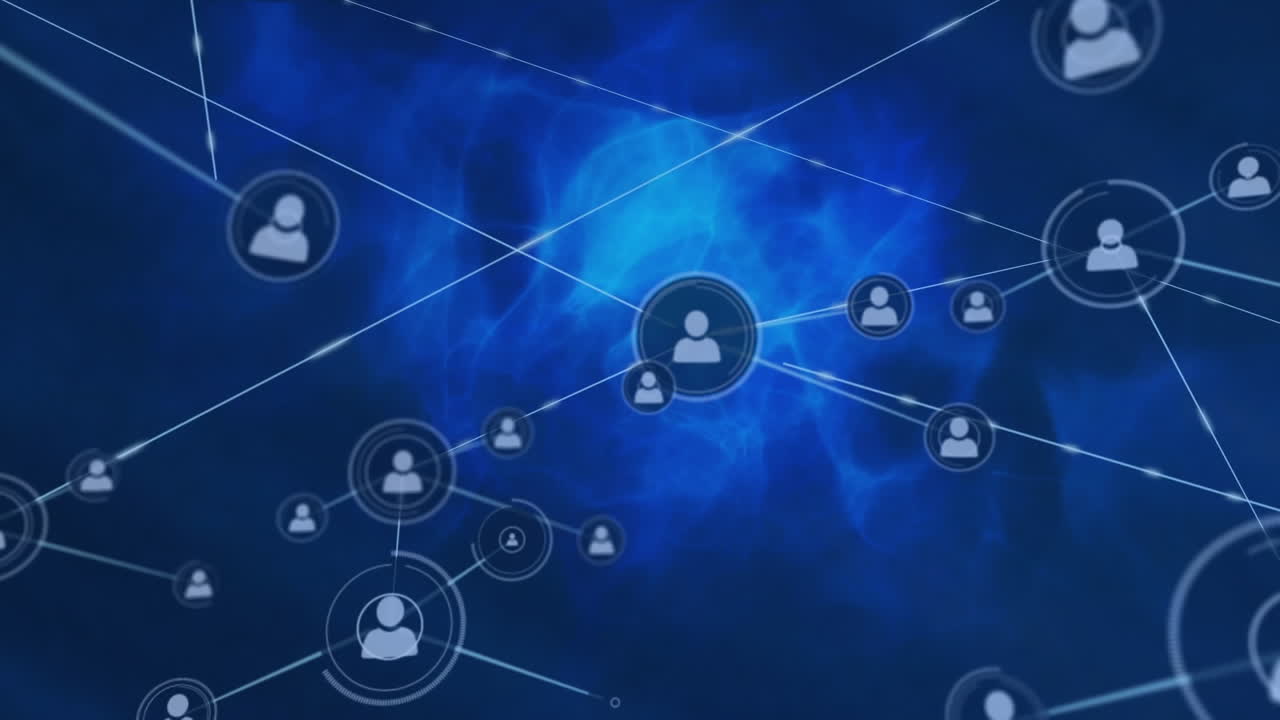 animación de la red de conexiones con iconos sobre fondo azul