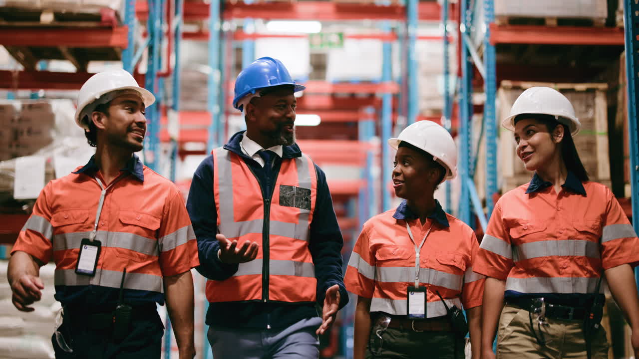 Diverse Team of Industrial Workers Walking and Talking in Warehouse