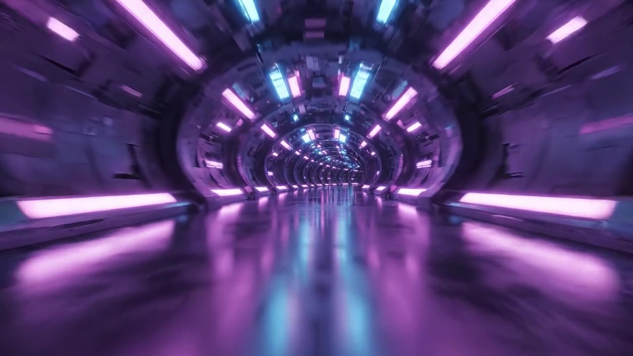 Canlı Neon Işıklarla Büyüleyici Fütüristik Tünel: Sonsuz Bir Renk ve Yansıma Alanında Bir Yolculuk.
