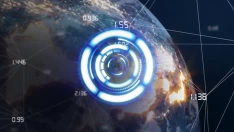 Animation-Des-Netzwerks-Von-Verbindungen-Und-Scan-Scoping-über-Den-Globus-Auf-Dunklem-Hintergrund