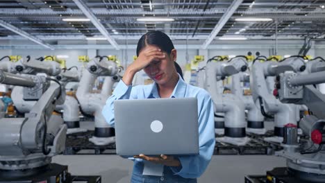 ingeniera mujer enfrentando un problema en una fábrica con robots