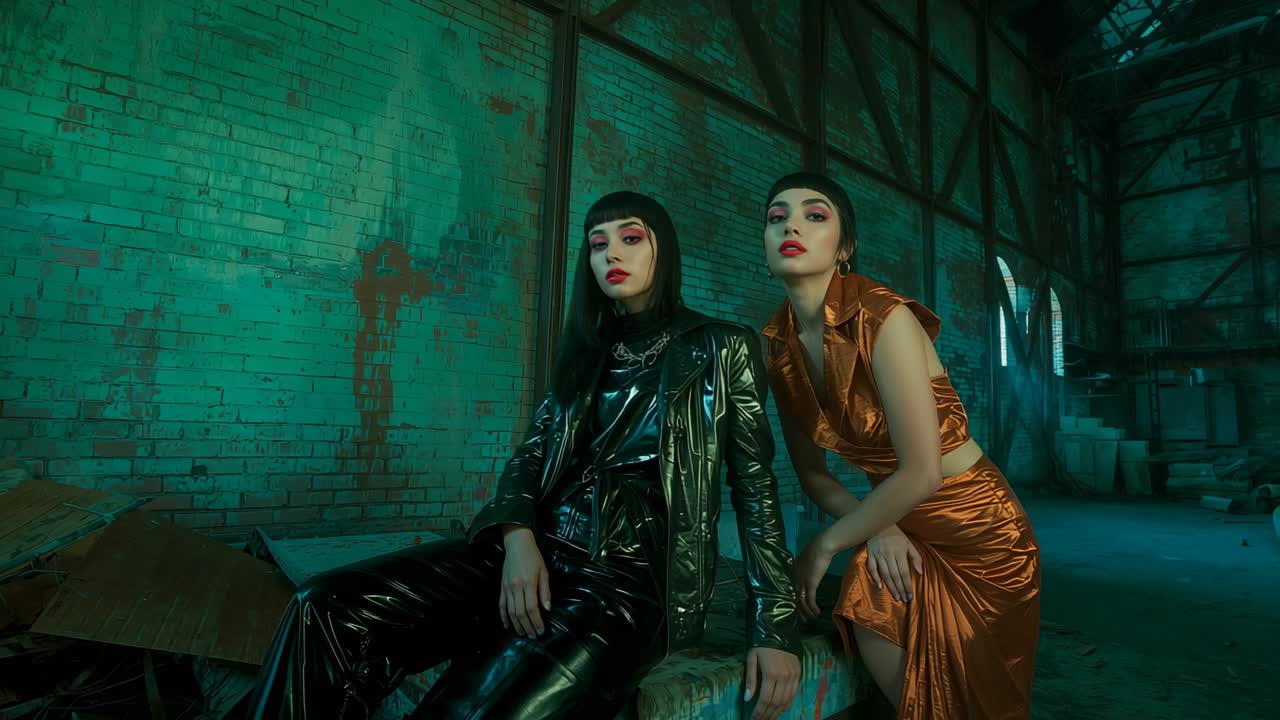 Sequence showing two Asian models shifting poses wearing PVC trench coat in loft shoot, teal-lit