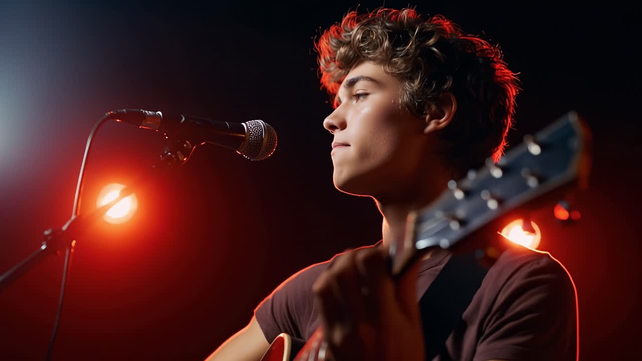 Young Man Playing Acoustic Guitar and Singing on Stage with Red Lights
